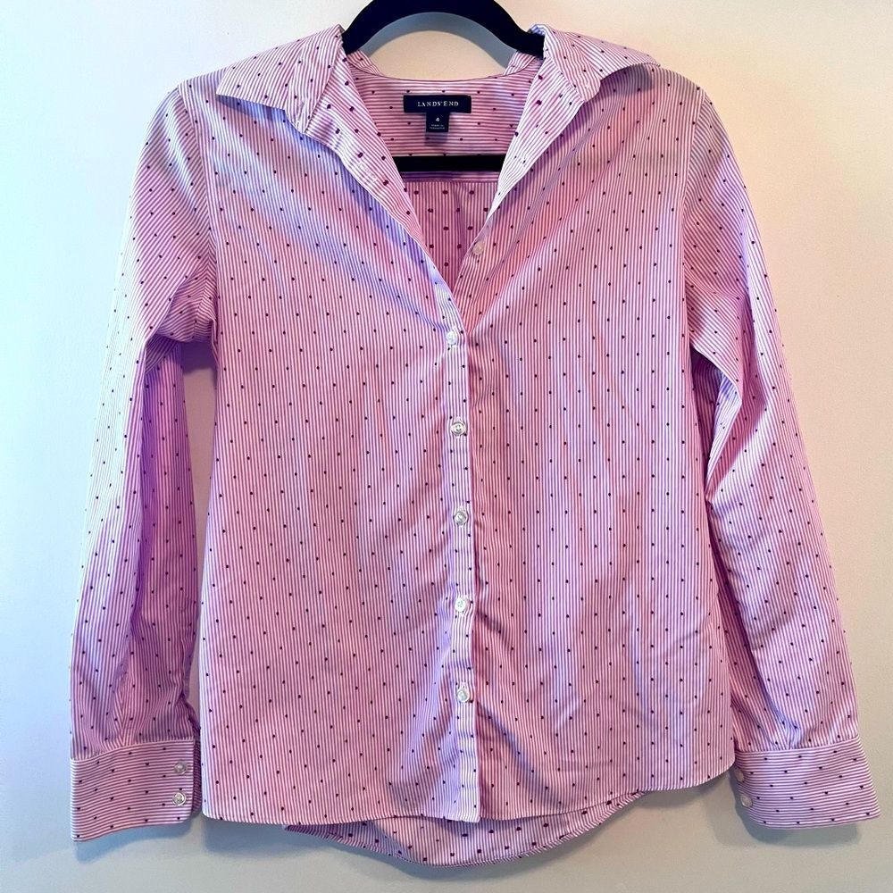 Land's End No Iron Supima Button Down Shirt Pink Strip & Dotted